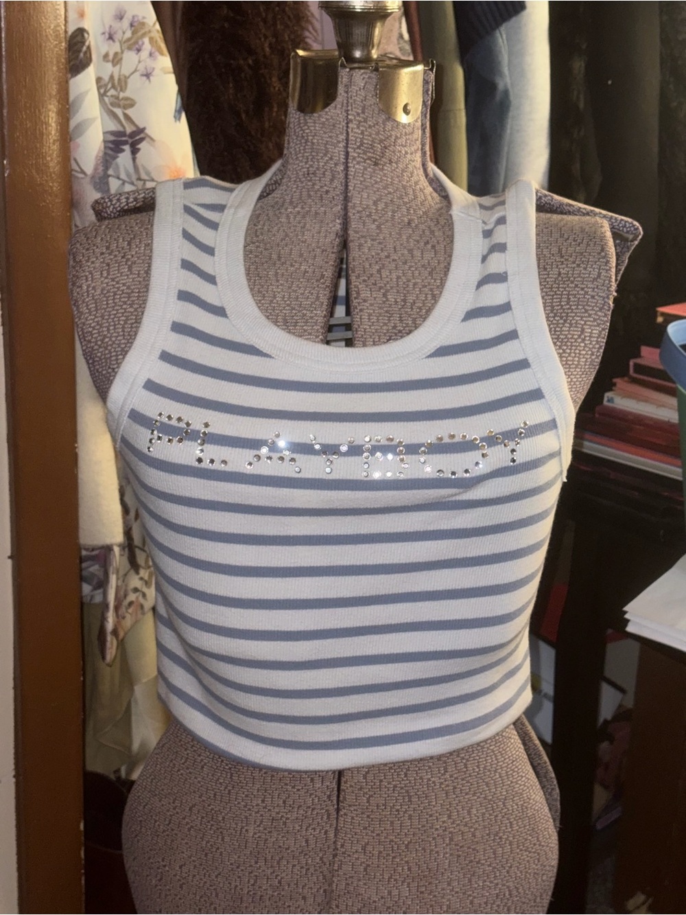 PLAYBOY White & Light Blue Striped Rhinestone Ribbed Crop Tank